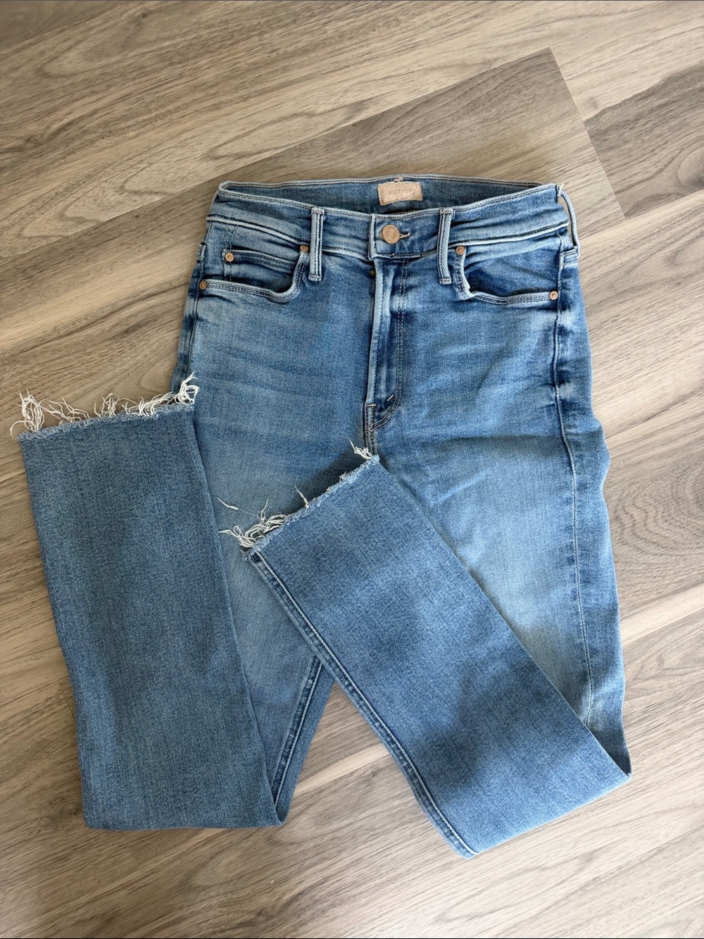 MOTHER Blue High-Rise Frayed Hem Ankle Jeans